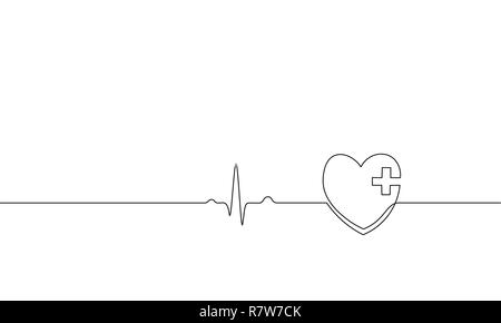 Healthy heart beats pharmacy medicine single continuous line art. Heartbeat pulse silhouette healthcare doctor online app concept design one sketch outline drawing white vector illustration Stock Vector