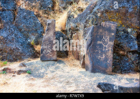 Ancient petroglyphs are seen along the Temani Pesh-wa(written on rock) trail as a guided tour.  When the Dalles Dam was built a small selection of pet Stock Photo