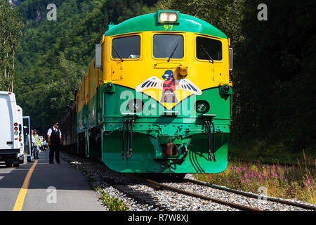 The world famous White Pass and Yukon Route Train  tour, Skagway, Alaska, Klondike Gold Rush National Historical Park, USA Stock Photo