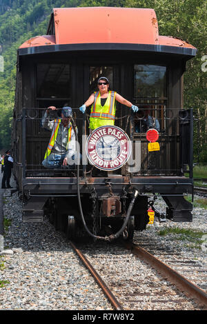 The world famous White Pass and Yukon Route Train  tour, Skagway, Alaska, Klondike Gold Rush National Historical Park, USA Stock Photo