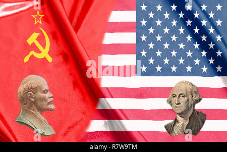 USA and USSR half flags together with portraits of Vladimir Lenin and George Washington Stock Photo