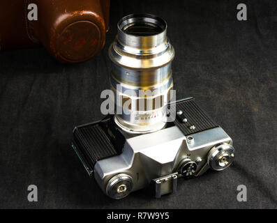 old vintage Soviet camera with leather case Stock Photo
