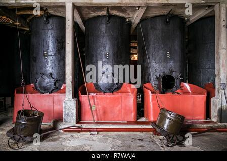 Portugal, Azores, Pico Island, Sao Roque do Pico, Museu da Industria Baleeira, Whaling Industry Museum housed in old whaling factory, boilers used in rendering whale meat into wahle oil Stock Photo