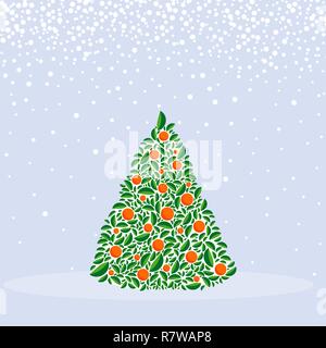 Vector christmas green tree with orange balls. Cartoon greeting card, festive poster or party invitations. Christmas and New year. Winter background w Stock Vector