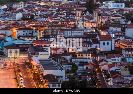 Portugal, Azores, Terceira Island, Praia da Vitoria, elevated town view, evening Stock Photo