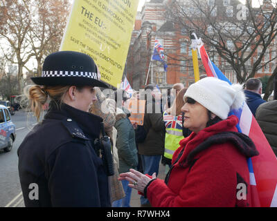 London, UK. 11th December, 2018. A police officer and protester talk during Brexit demonstrations outside of Parliament in Westminster, London. Credit: Ben Slater/Alamy Live News Stock Photo