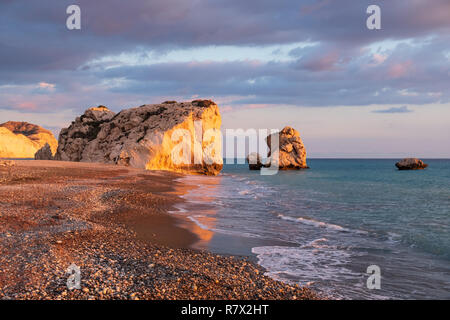 Beautiful afternoon view of the beach around Petra tou Romiou, in Paphos, Cyprus. It is considered to be Aphrodite's birthplace in Greek mythology. Stock Photo