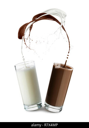 glasses full of milk and chocolate with jumping drops and splash on white background. Stock Photo
