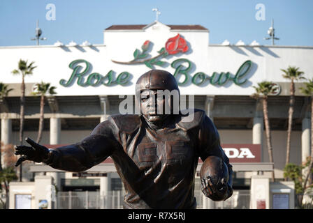 Pasadena, CA / USA - Feb. 17, 2018: A statue of the color barrier breaking athlete, Jackie Robinson, is shown outside the historic Rose Bowl stadium. Stock Photo