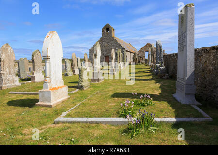 Old St Mary's church and gravestones in churchyard. On site of one of earliest Scottish chapels. Burwick South Ronaldsay Orkney Islands Scotland UK Stock Photo
