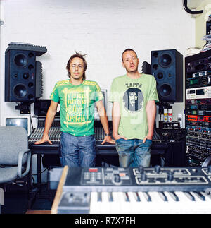 Basement Jaxx, English Electronic duo Felix Buxton and Simon Ratcliffe photographed at their Brixton Studio, August 2003.London, England, United Kingdom. Stock Photo