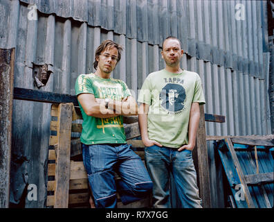 Basement Jaxx, English Electronic duo Felix Buxton and Simon Ratcliffe photographed at their Brixton Studio, August 2003.London, England, United Kingdom. Stock Photo