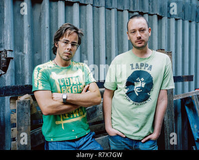 Basement Jaxx, English Electronic duo Felix Buxton and Simon Ratcliffe photographed at their Brixton Studio, August 2003.London, England, United Kingdom. Stock Photo