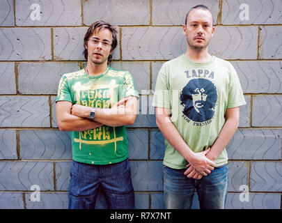 Basement Jaxx, English Electronic duo Felix Buxton and Simon Ratcliffe photographed at their Brixton Studio, August 2003.London, England, United Kingdom. Stock Photo