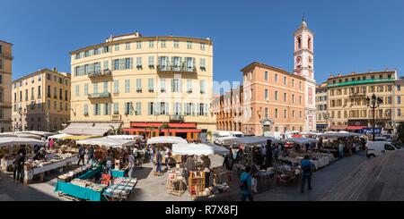 France, Alpes Maritimes, Nice, Old Nice district, fair to books on the place of the Palace of Justice, Rusca Palace and Tour de l'Horloge Stock Photo