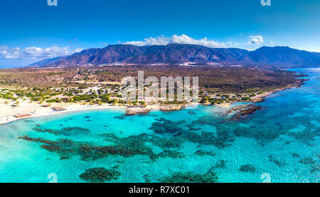 Aerial view of Elafonissi beach on Crete island with azure clear water, Greece, Europe. Crete is the largest and most populous of the Greek islands. Stock Photo