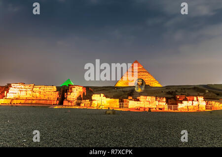 Giza pyramids and Sphinx light and sound show at night Stock Photo