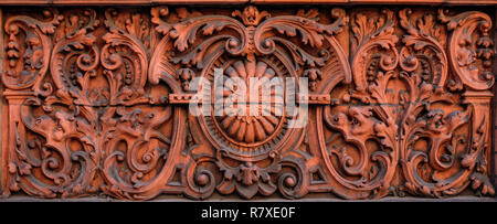 Decorative Facing Stone Carving. Ornate Building Stone. Buliding Design. Building Facade. Welsh Terracotta Stock Photo