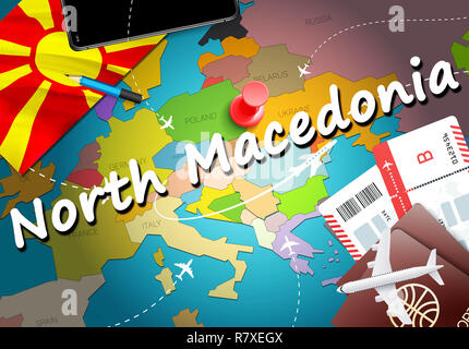 North Macedonia travel concept map background with planes, tickets. Visit North Macedonia travel and tourism destination concept. Macedonian flag on m Stock Photo