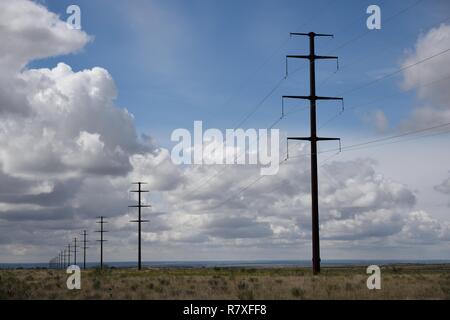 Long row of utility poles and and high voltage electrical power lines passing through a rural landscape fading into the distant horizon in Texas Stock Photo