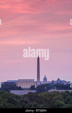 United States, District of Columbia, Washington, Lincoln Memorial, Washington Monument, and US Capitol Building, elevated view, dawn Stock Photo