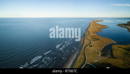 Aerial view of a beautiful sandy beach on the Atlantic Ocean Coast. Taken in La Dune de Bouctouche, New Brunswick, Canada. Stock Photo