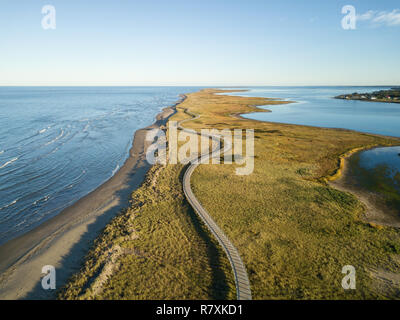 Aerial view of a beautiful sandy beach on the Atlantic Ocean Coast. Taken in La Dune de Bouctouche, New Brunswick, Canada. Stock Photo