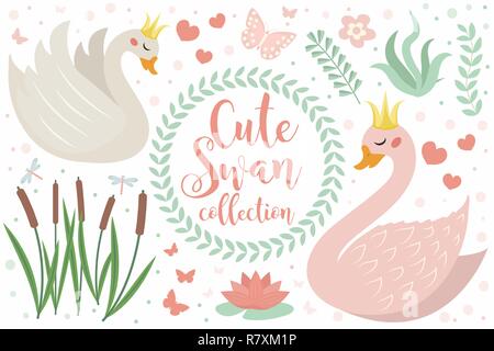 Cute swan princess character set of objects. Collection of design element with swans, reeds, water lily, flowers, plants. Kids baby clip art funny smiling animal. Vector illustration Stock Vector