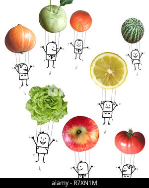 Hand Drawn Cartoon People in the Air with Fruits and Vegetables Balloons Stock Photo