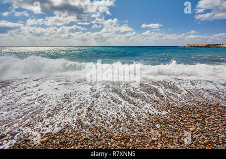 Storming sea and wide-spreading waves, Cyprus coastline. Stock Photo