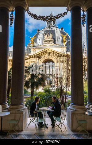 France, Paris, the Petit Palais, built on the occasion of the Universal Exhibition of 1900 by architect Charles Girault, the dome of the main entrance seen from the gardens and the Cafe under the columns in the garden Stock Photo