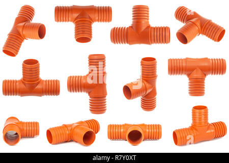 Kit tees made of plastic for the installation of water pipes, for connection of branches in the water supply system, isolated on white background Stock Photo