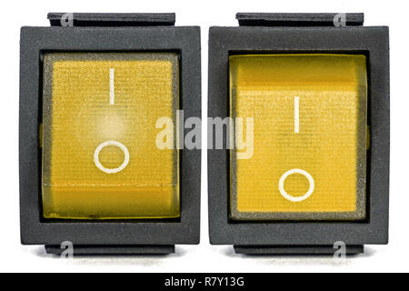Yellow power switch, isolated on white background, with clipping path Stock Photo