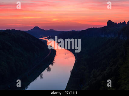 Sunset over river elbe in elbe sandstone mountains (as seen from Kleine Bastei view point) Stock Photo