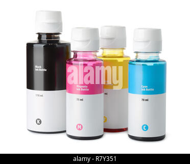 Set of printer ink bottles isolated on white Stock Photo