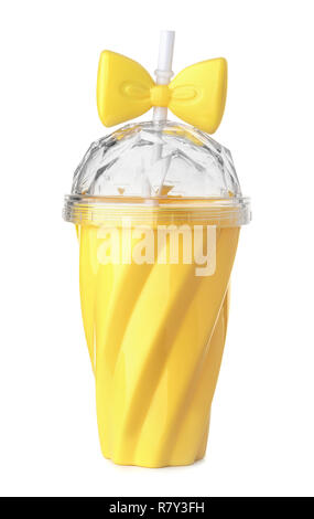 Yellow reusable plastic cup with  lid and straw isolated on white Stock Photo