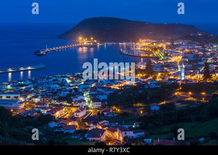 Portugal, Azores, Faial Island, Horta, elevated town view from the Miradouro Espalamaca, evening Stock Photo