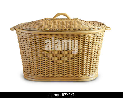 Rattan wicker laundry basket isolated on white Stock Photo