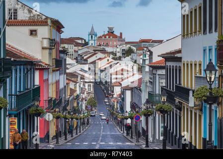 Portugal, Azores, Terceira Island, Angra do Heroismo, Rua da Se street Stock Photo