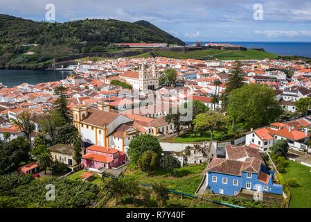 Portugal, Azores, Terceira Island, Angra do Heroismo, elevated view from Alto da Memoria park Stock Photo