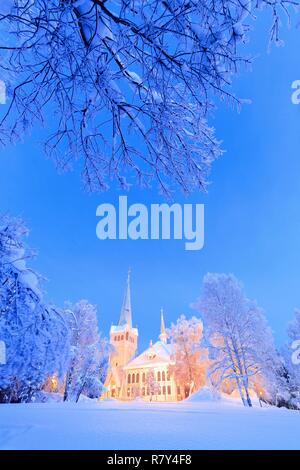 Sweden, Lapland, region listed as World Heritage by UNESCO, Norrbotten County, Overview of the Lutheran Lutheran Church of Jokkmokk (Jokkmokks Kyrka) in the heart of the Sami capital, built in 1887, renovated in 1949 Stock Photo