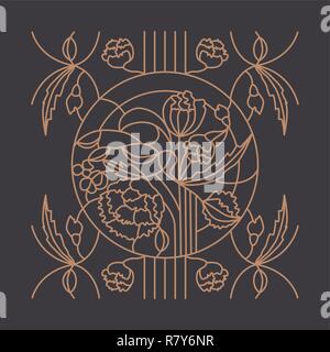 Gold floral ornament on dark background for stained glass window in the Modern style, could be use for tattoo, coloring book, iron window lattices. Stock Vector