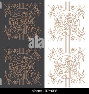 Gold floral ornament set on white and dark background for stained glass window in the Modern style, for coloring book, iron window lattices Stock Vector