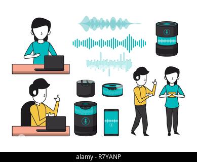 set wireless speaker and people using technology Stock Vector