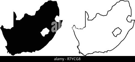 Simple (only sharp corners) map of South Africa vector drawing. Mercator projection. Filled and outline version. Stock Vector