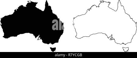 Simple (only sharp corners) map of Australia vector drawing. Mercator projection. Filled and outline version. Stock Vector