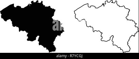 Simple (only sharp corners) map of Belgium vector drawing. Mercator projection. Filled and outline version. Stock Vector