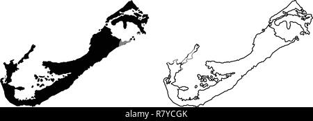 Simple (only sharp corners) map of Bermuda vector drawing. Mercator projection. Filled and outline version. Stock Vector