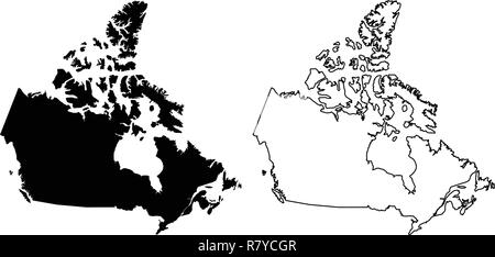 Simple (only sharp corners) map of Canada vector drawing. Lambert conformal conic projection. Filled and outline version. Stock Vector