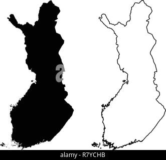 Simple (only sharp corners) map of Finland vector drawing. Mercator projection. Filled and outline version. Stock Vector